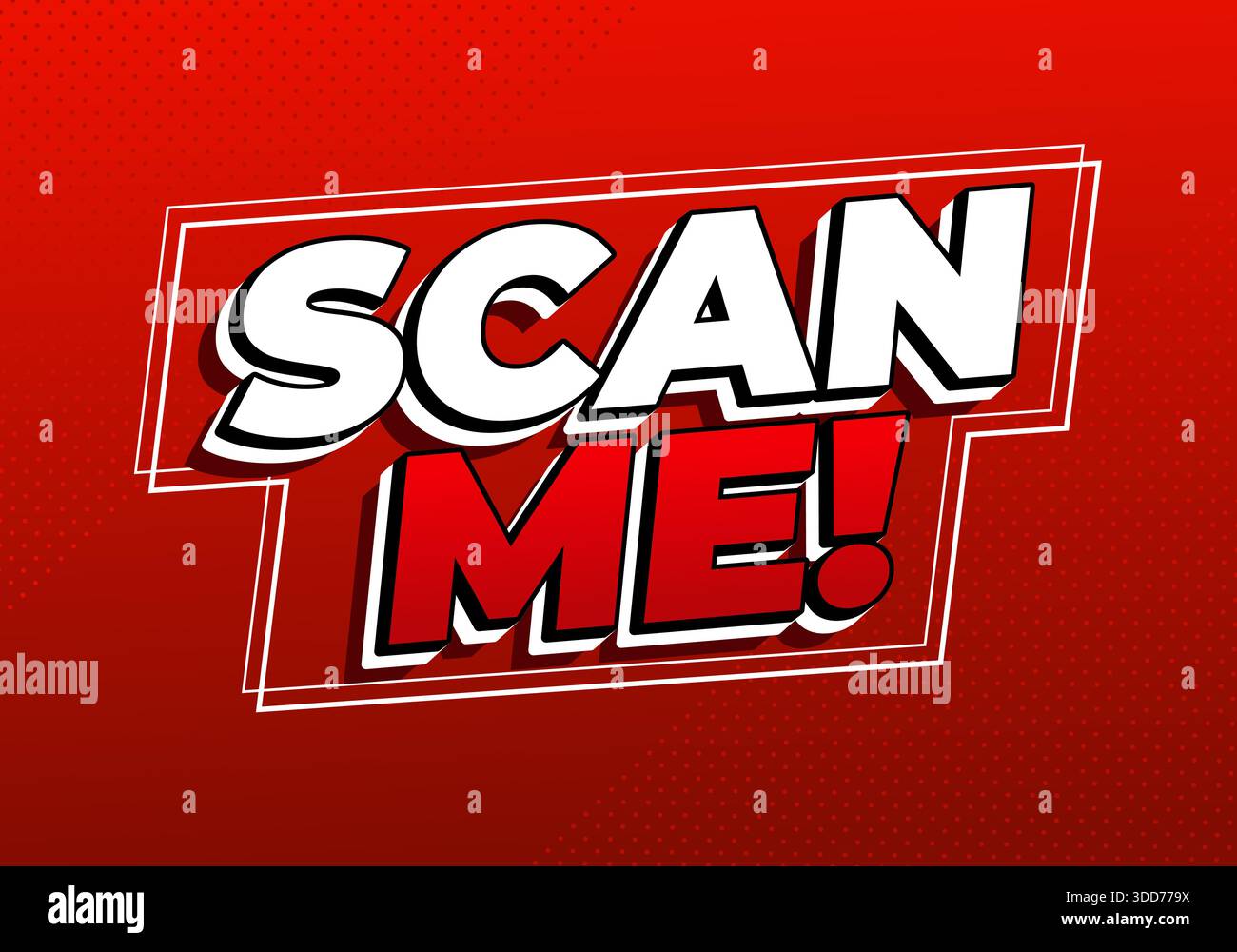 Bold red and white text reading SCAN ME! with a dynamic 3D effect on a red background. - Stock Image