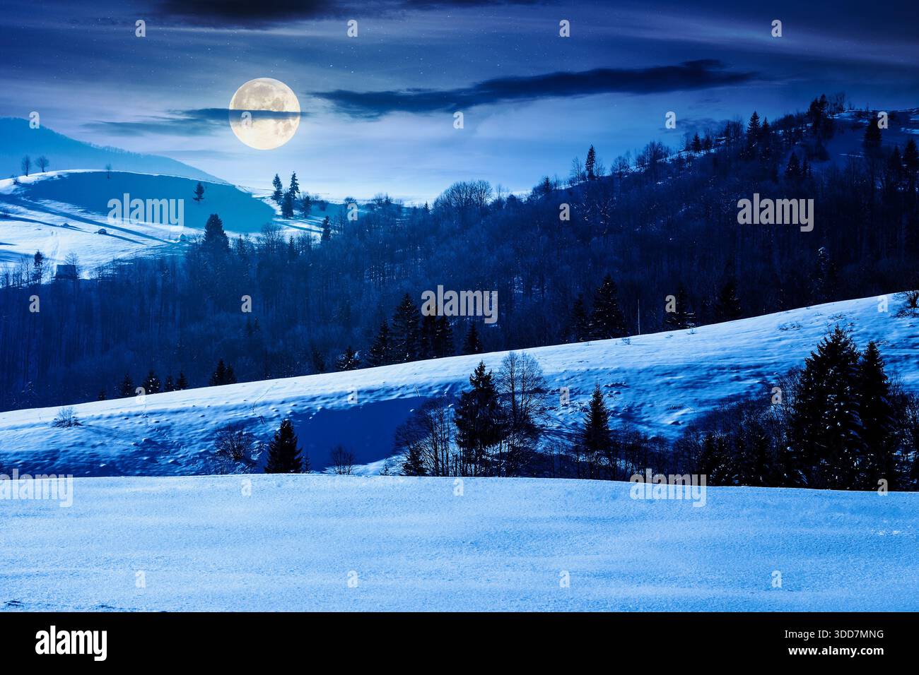 beautiful winter landscape with snow covered rolling hills under dark sky at night. majestic mountains in full moon light. frosty countryside scenery. Stock Photo