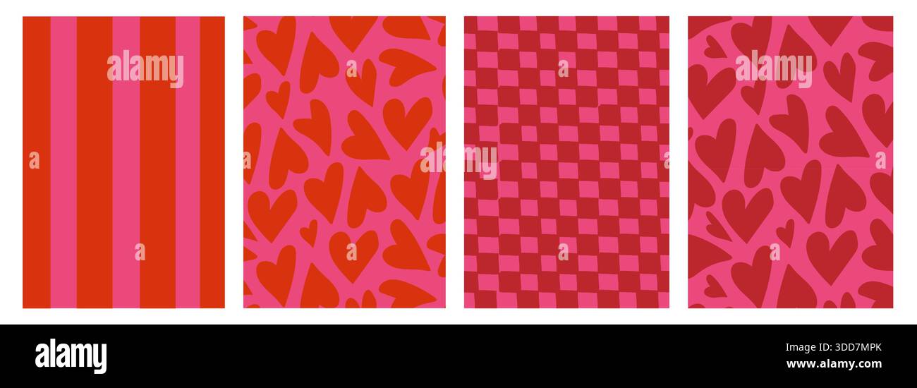 Set of retro whimsical Valentine pattern backgrounds with bold stripes, hearts, and checkered shapes in pink and red. Decorative graphic textures for Stock Vector