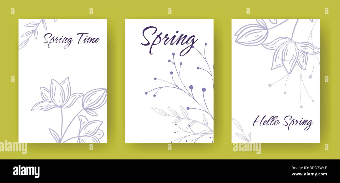 Set of delicate spring cards. Layouts with flowers, herbs, and text. Hello Spring. Templates for flyers, leaflets, booklets, and postcards, vector Stock Vector