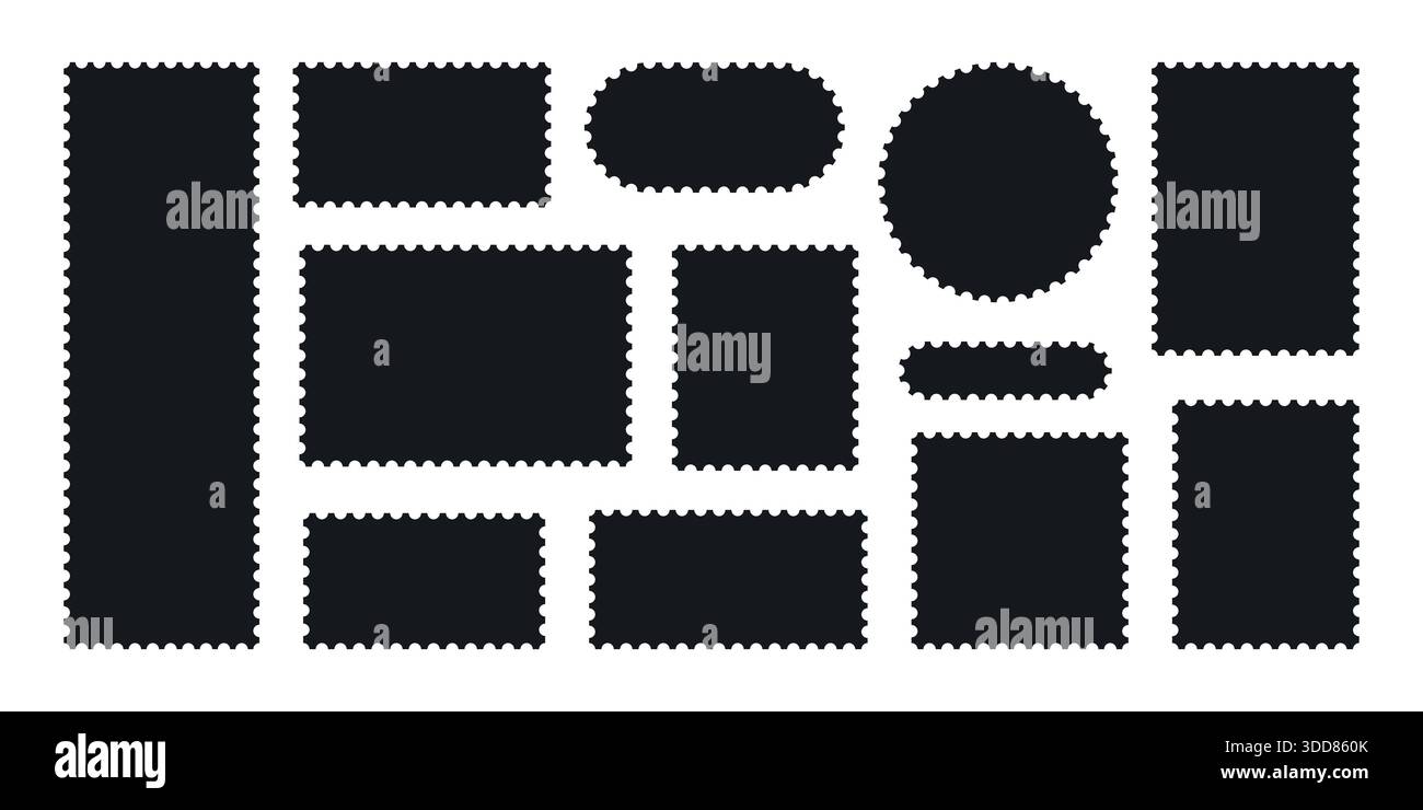 Minimalist Black postage stamp frame set with zigzag edge or Different set of rectangle and square postage frames vector illustration Stock Vector