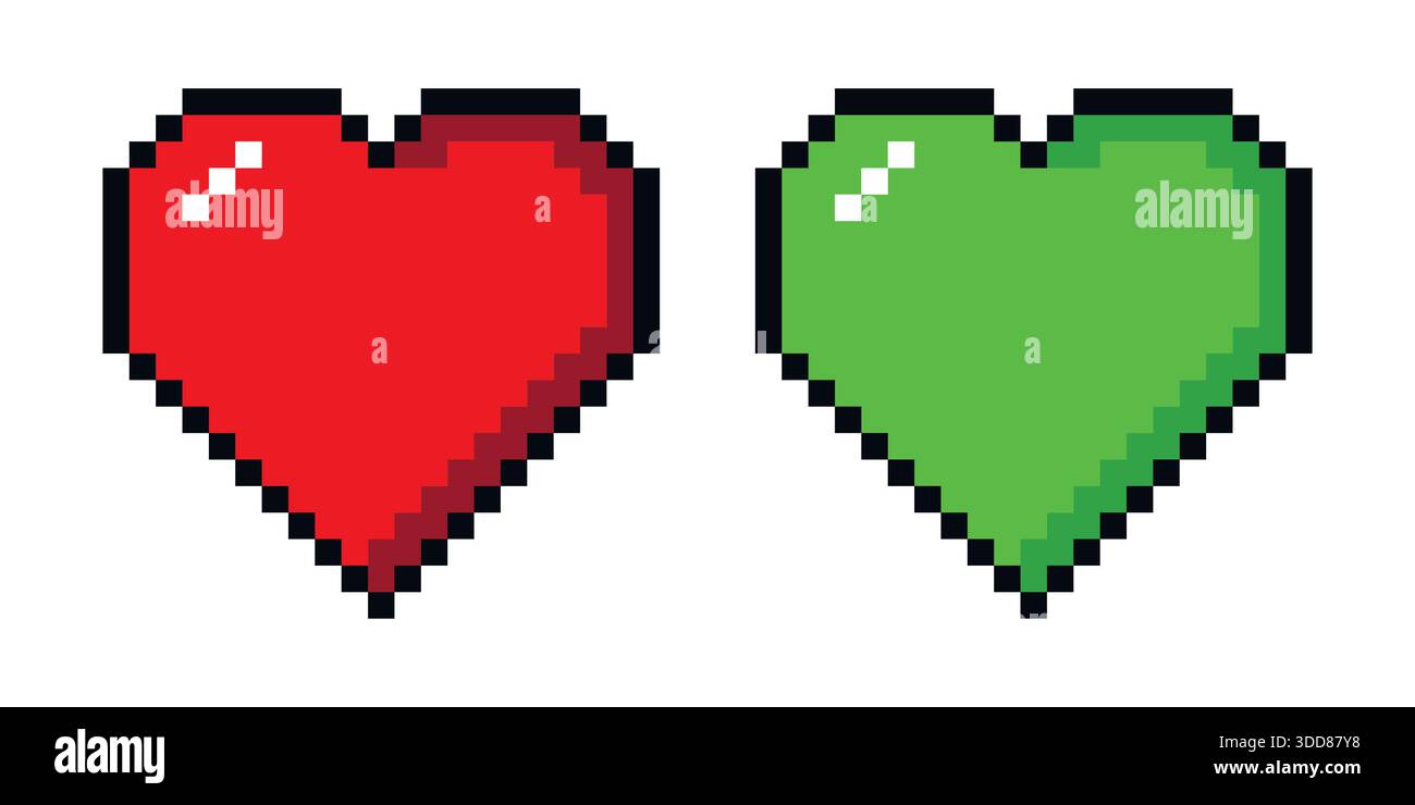 Pixel red and green heart icon for game style symbolizing love with a nostalgic digital twist, nostalgic iconography in digital design, life or gaming Stock Vector