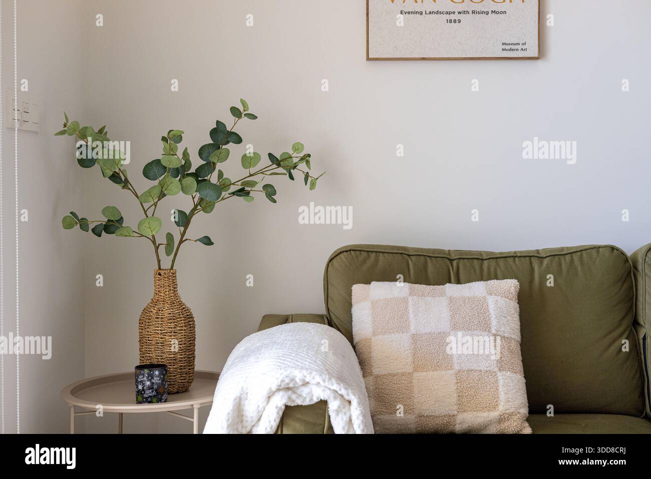 Comfortable green sofa with soft checkered pillow, blanket, and decorative wicker vase Stock Photo