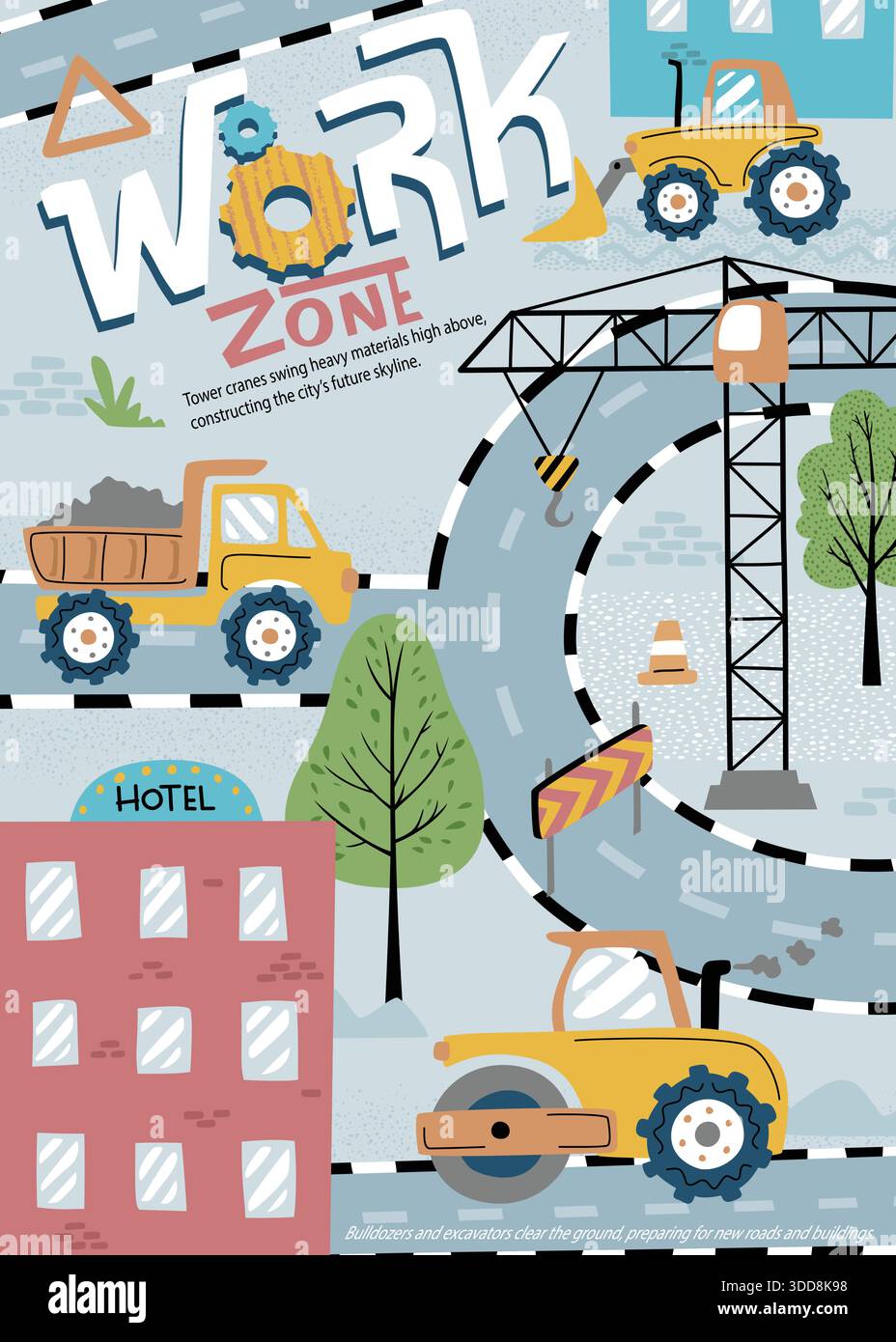 Cartoon construction site with cranes, bulldozers and trucks building ...