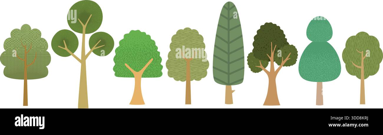 Set of flat cartoon tree elements in various shapes and green shades, isolated on white background Stock Vector