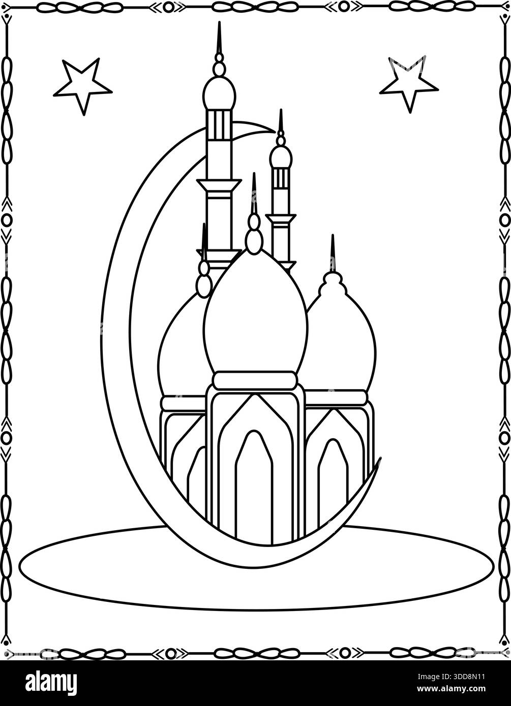 Islamic Mosque Line Art with Crescent Moon and Stars, Ramadan, Eid ...