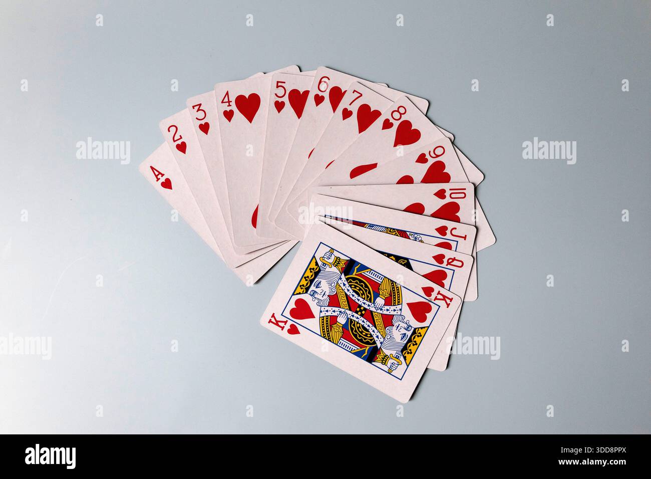 Hearts playing cards fanned showing a full suit from ace to king Stock Photo
