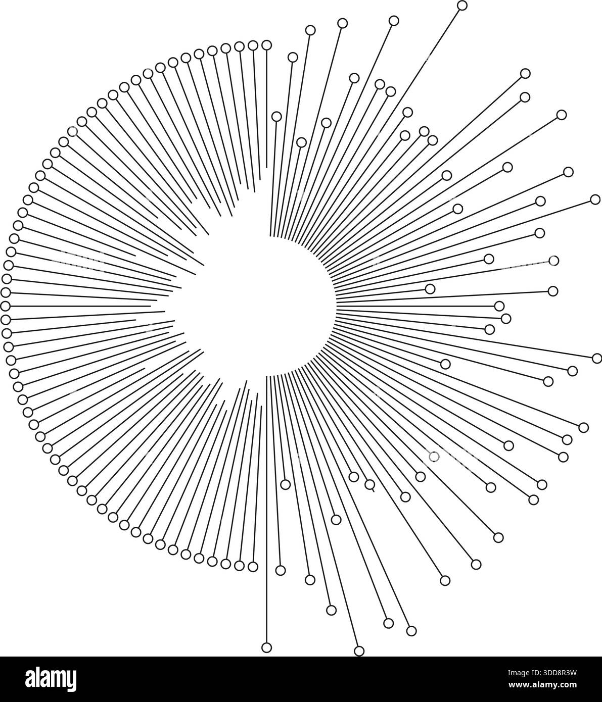 Irregular rays with outline circles at the ends radiating from a half ...