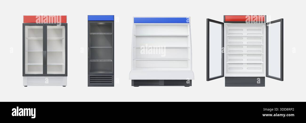 Supermarket chiller. Shop food freezer. 3D empty store shelf. Grocery cooler door with glass display. Commercial market fridge. Open and close freezing rack. Vector interior furniture isolated set Stock Vector