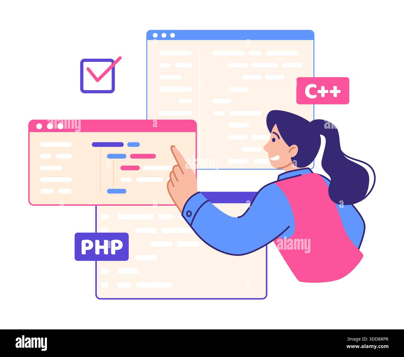 PC work. Computer programmer character. Browser windows. Web software. Programming script. Developer working with website cyber frame. Network technology engineer. Backend java coders vector concept Stock Vector