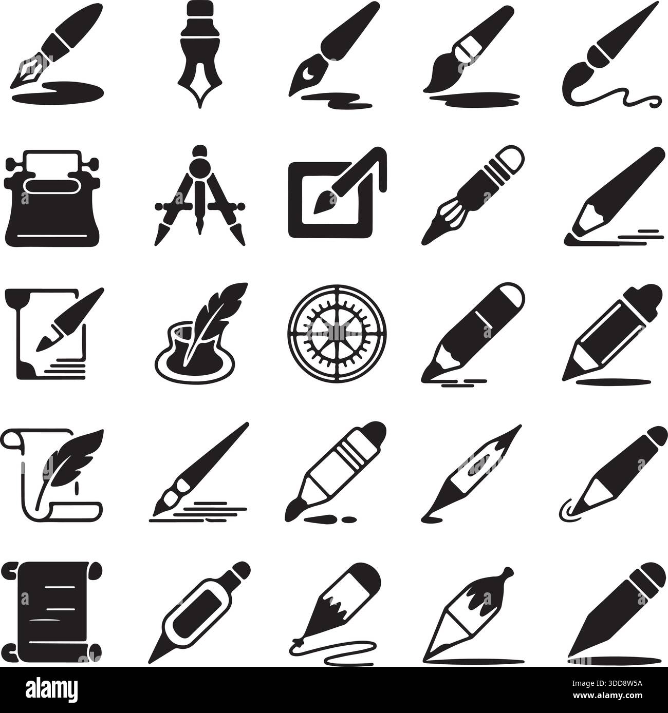 Silhouette Vector Pen Brush Compass Quill Icons Pack Stock Vector