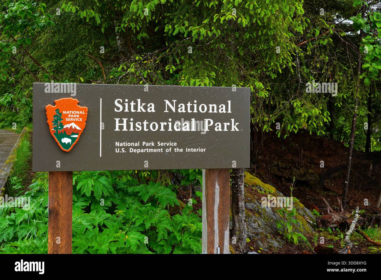 Sitka Wood Sign Sign for Sitka National Historic Park in Alaska Stock Photo - Alamy