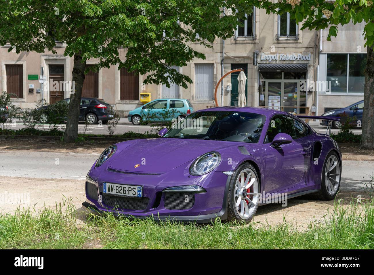 Nancy, France - View on a purple Porsche 991 GT3 RS parked on a