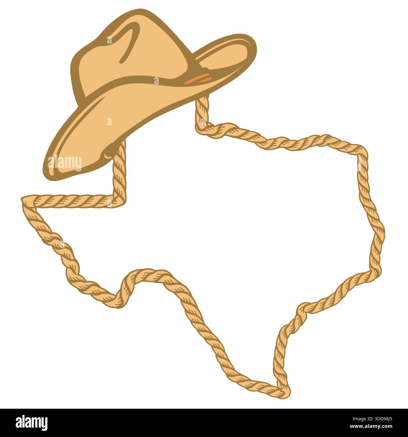 Texas map with lasso rope frame and cowboy hat isolated on white for ...
