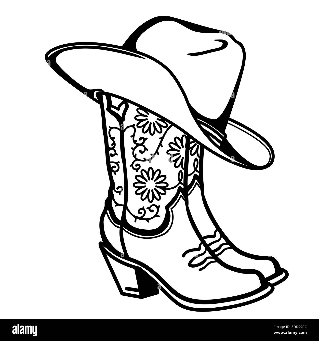 Cowboy boots and cowboy hat with flowers decoration. Cowgirl boots vector  black graphic illustration isolated on white for print. Country wedding dec  Stock Vector Image \u0026 Art - Alamy, image size:1300x1390