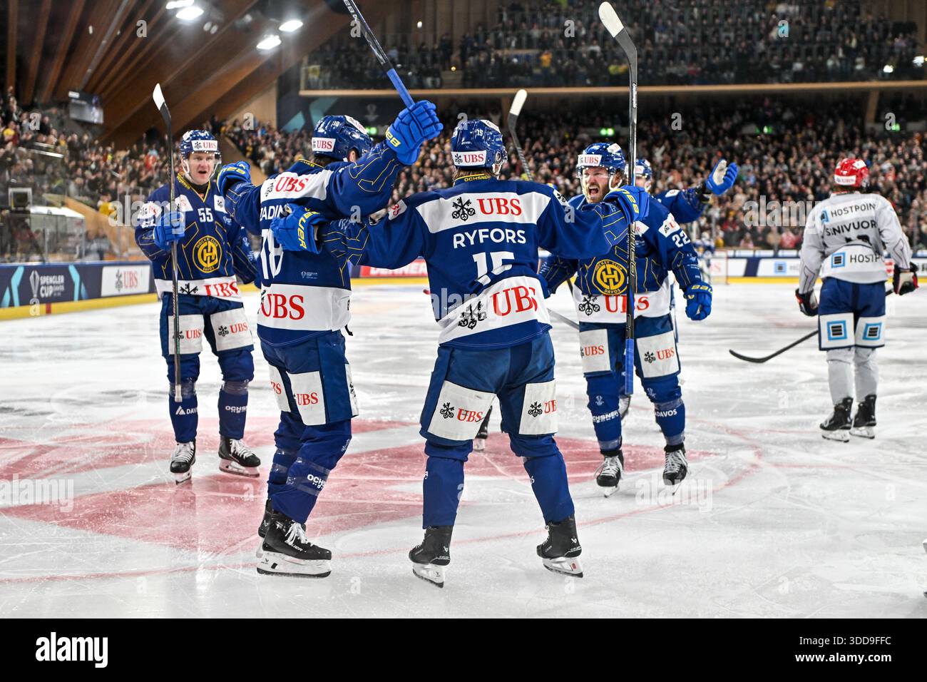 Davos, Switzerland. 29th Dec, 2025. DAVOS, SWITZERLAND - DECEMBER 29: Davos  celebrate a goal scored by Simon Ryfors of Davos R) during the Spengler Cup  Davos match between HC Davos v IFK