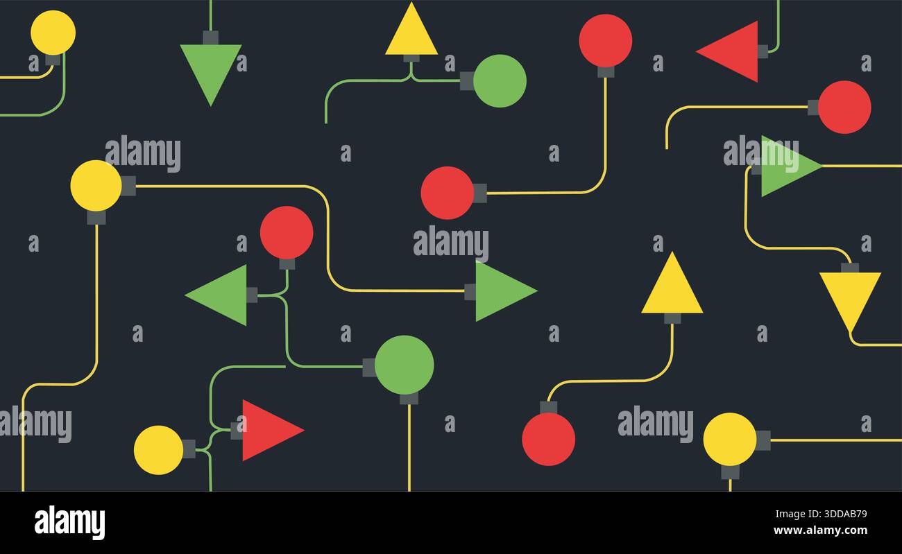 A complex yet simplified flat design vector pattern resembling a digital data flow, logic circuit board, or interconnected network. Stock Vector
