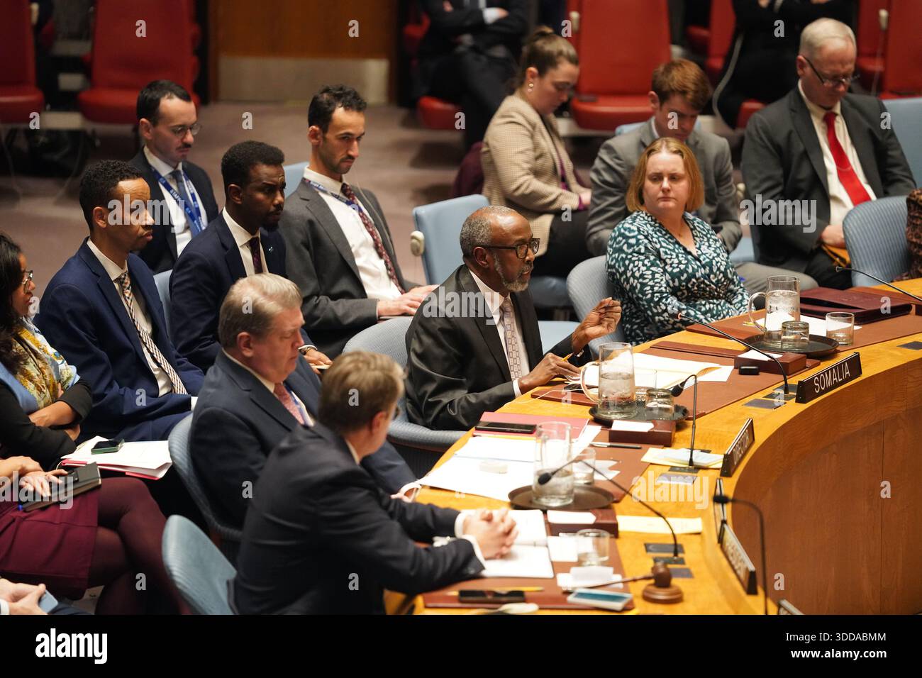 (251230) -- UNITED NATIONS, Dec. 30, 2025 (Xinhua) -- Somali UN ambassador Abukar Dahir Osman (C, front) speaks at an emergency meeting of the Security Council at the UN headquarters in New York, on Dec. 29, 2025. The three African members of the Security Council -- Algeria, Sierra Leone, and Somalia -- along with Guyana, collectively known as A3 , on Monday strongly condemned Israel's recognition of Somaliland as a sovereign state. "A3 strongly condemns the flagrant assault by Israel on the unity and the territorial integrity of Somalia by recognizing as an independent entity the northwest Stock Photo