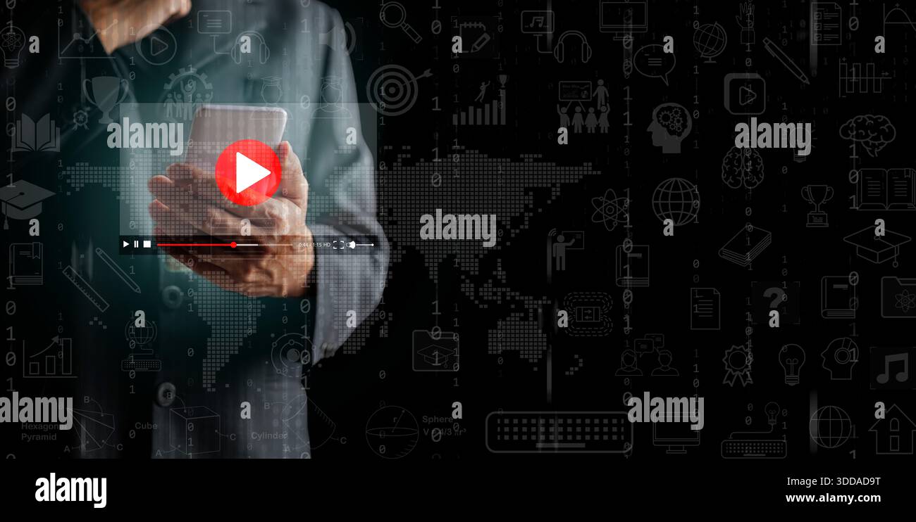Man using smartphone with a video player interface with educational icon and binary code in background. Online global education access, mobile e-learn Stock Photo
