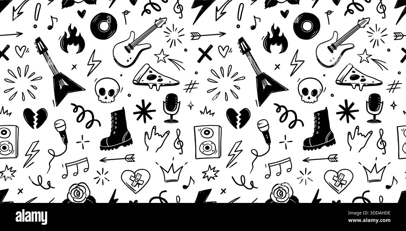 Rock music seamless pattern with guitar, skull, punk symbols. Hand ...