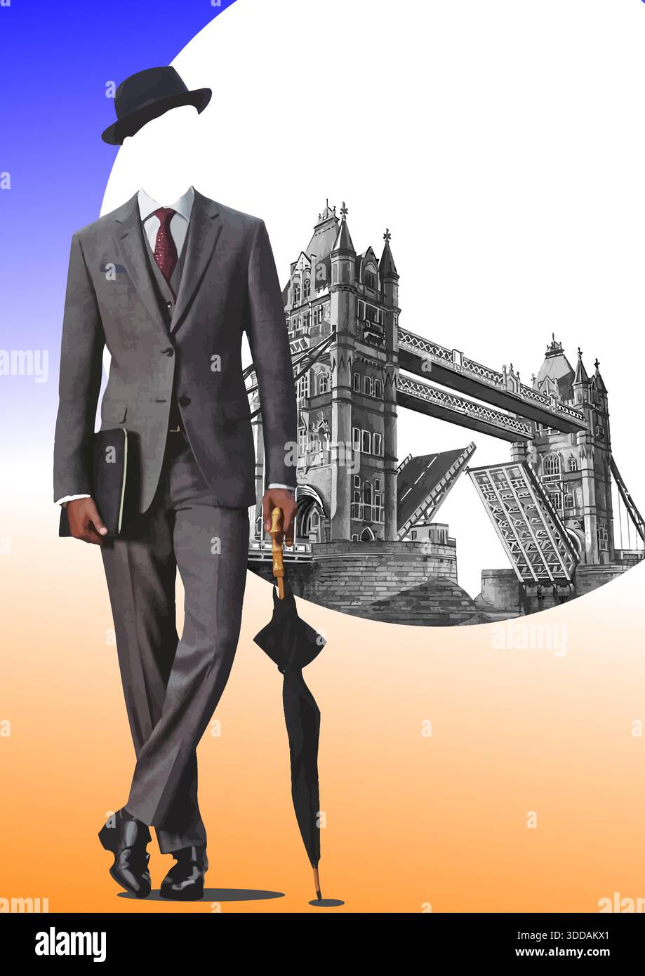 Businessman holding a briefcase and an umbrella walking with tower bridge in the background Stock Vector