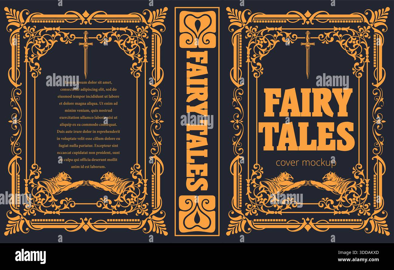 Fairy tales book cover design featuring two tigers holding a sword and a floral frame Stock Vector