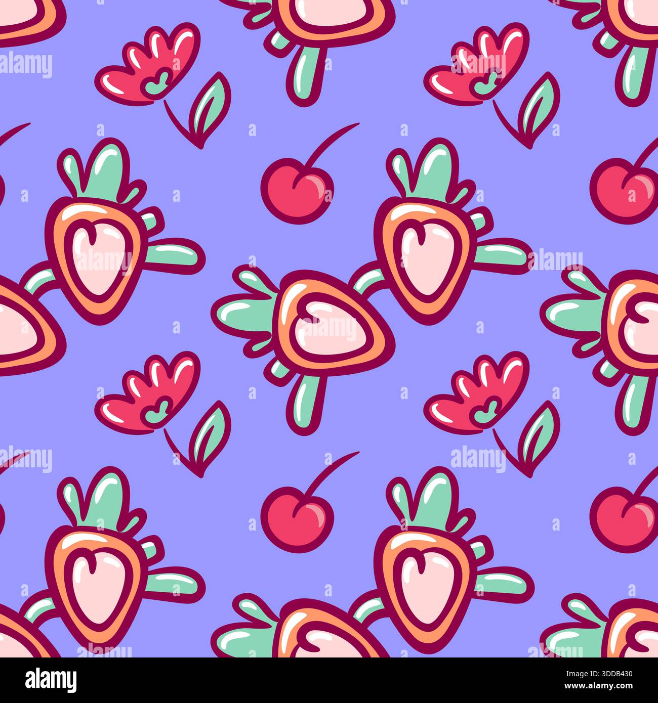 Seamless Pattern Sunglasses Strawberry, Cherry and Flowers Stock Vector