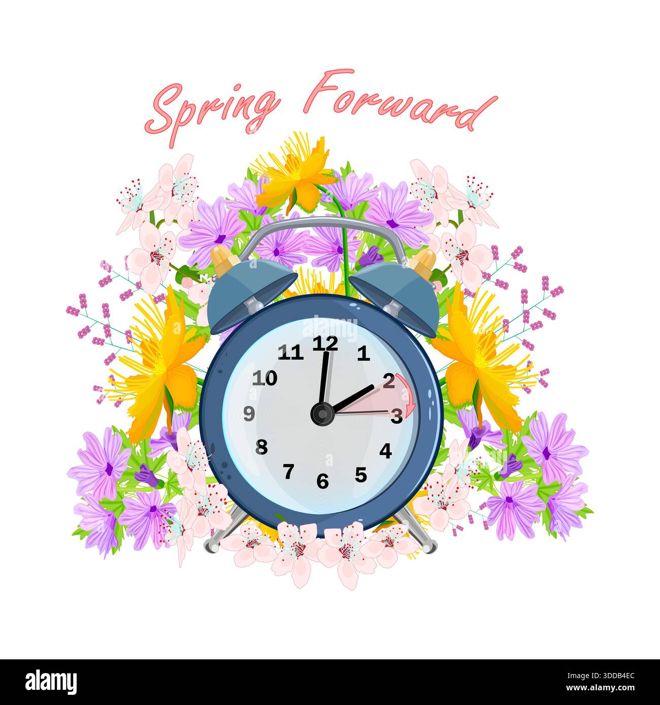 Alarm clock and spring flowers around. Spring Forward poster with clock ...