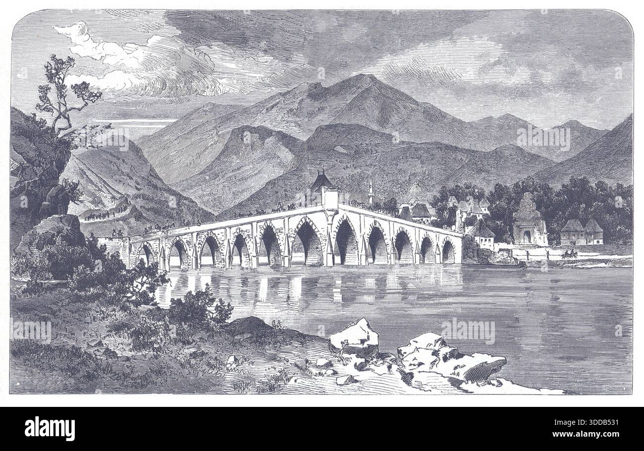 Historic Stone Arch Bridge Over River With Mountain Landscape And ...