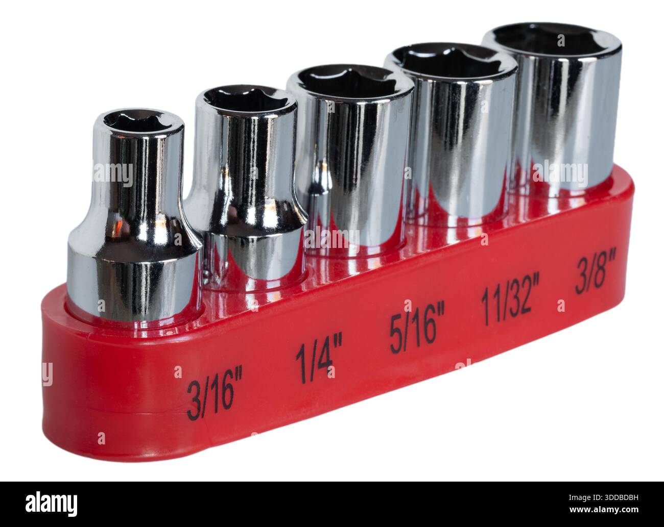 Five-piece socket set nearly organized in a red polymer contained and marked for size isolated on a white background. Stock Photo