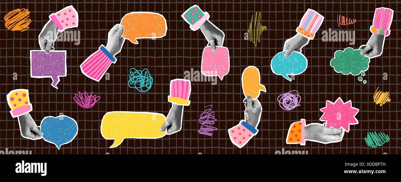 Hand drawn colorful doodle speech bubbles with texture, oval, star, rectangular and heart shaped, graphic design elements Stock Vector