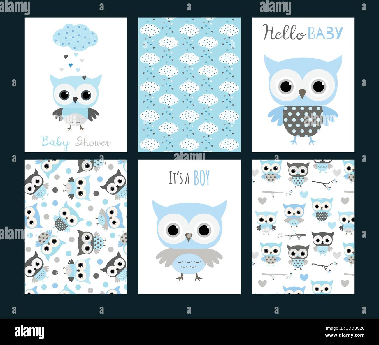 Vector baby shower invitation templates or greeting cards with cute owl  animals in blue and grey colors for boys Stock Vector Image \u0026 Art - Alamy, image size:1300x1184