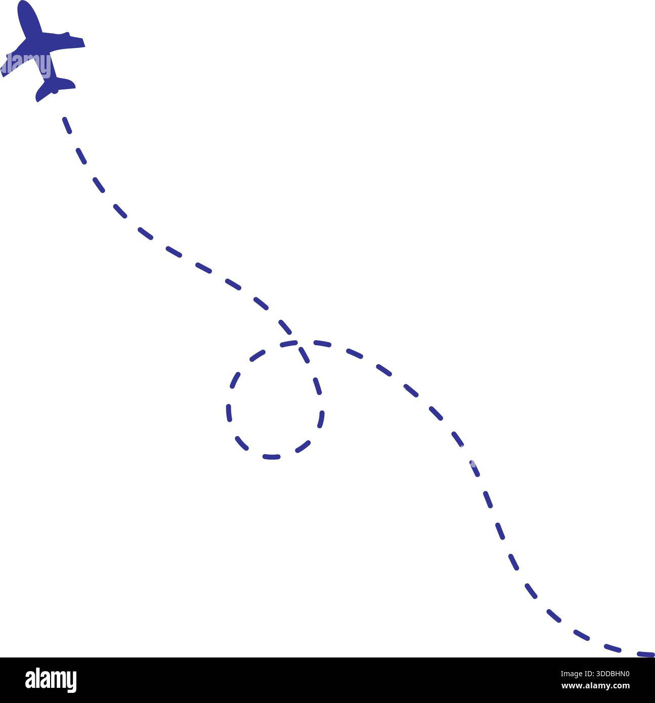 Blue airplane icon with dashed line flight path trail on vector design Stock Vector