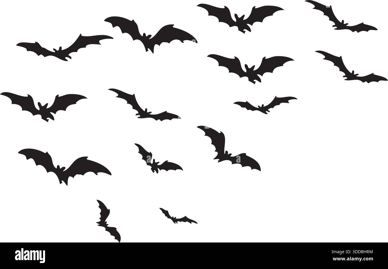 Flock of black bats silhouettes flying on white background, spooky ...