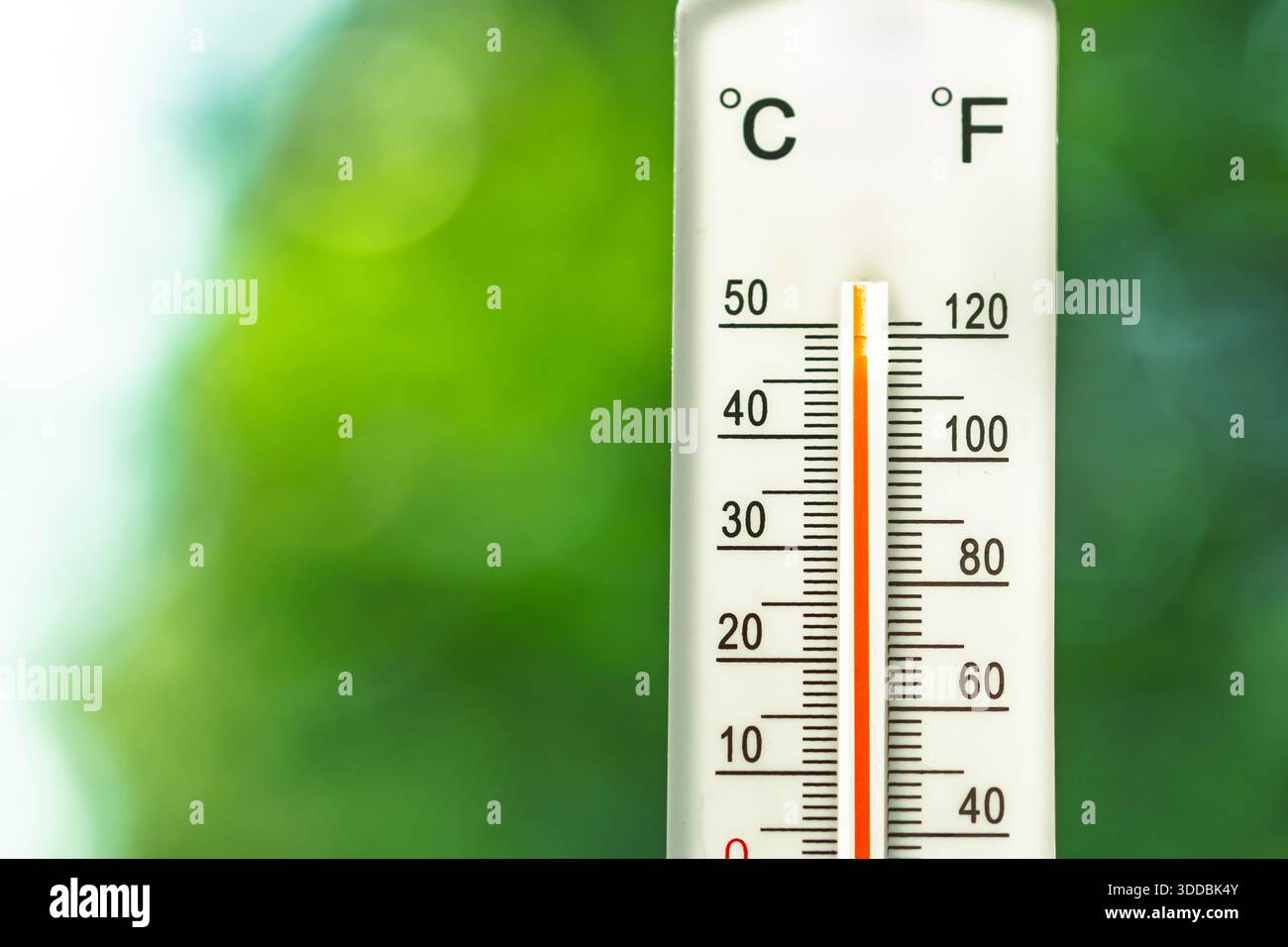 A vertical outdoor thermometer with dual Celsius and Fahrenheit scales ...