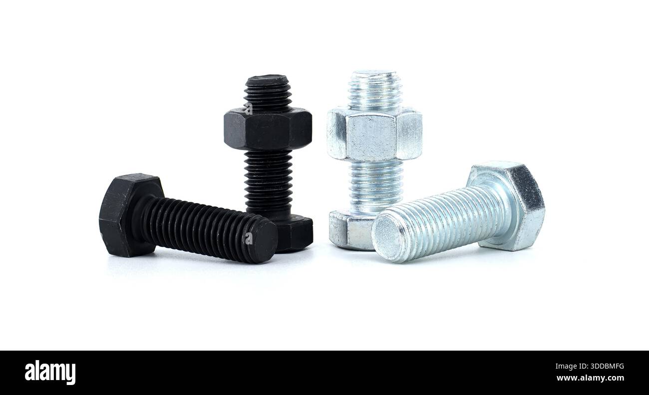Collection of metallic bolts and nuts of varying finishes positioned on ...