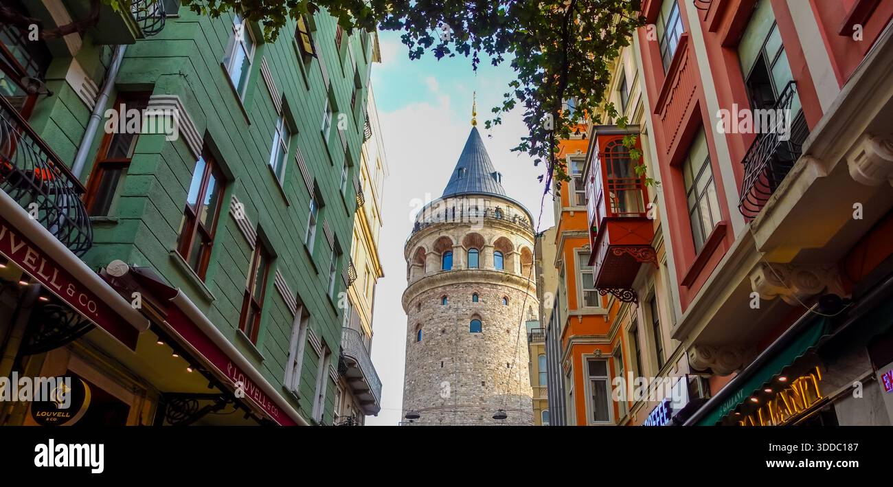 Low-angle view of the Galata Tower in Istanbul - Stock Image