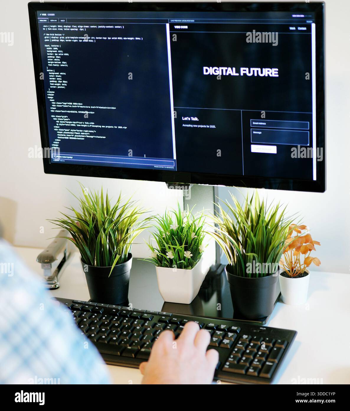 Middle Aged Software Engineer Vibe Codes Landing Page for Artificial Intelligence Based Integrated Development Environment Application Concept Stock Photo
