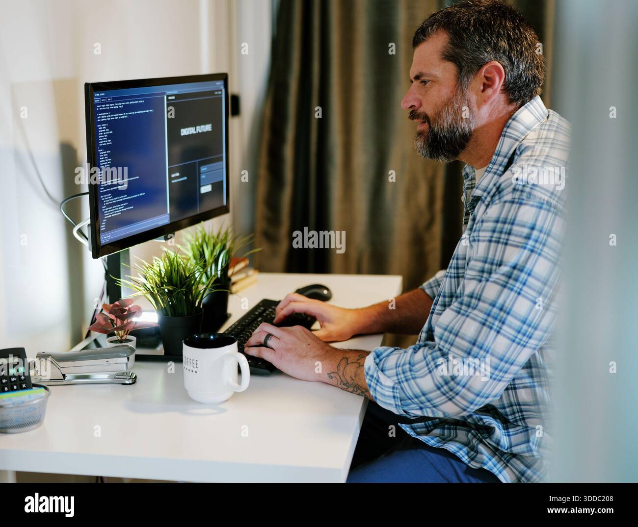 Middle Aged Software Engineer Vibe Codes Landing Page for Artificial Intelligence Based Integrated Development Environment Application Concept Stock Photo