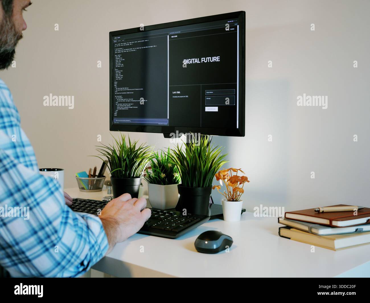 Middle Aged Software Engineer Vibe Codes Landing Page for Artificial Intelligence Based Integrated Development Environment Application Concept Stock Photo