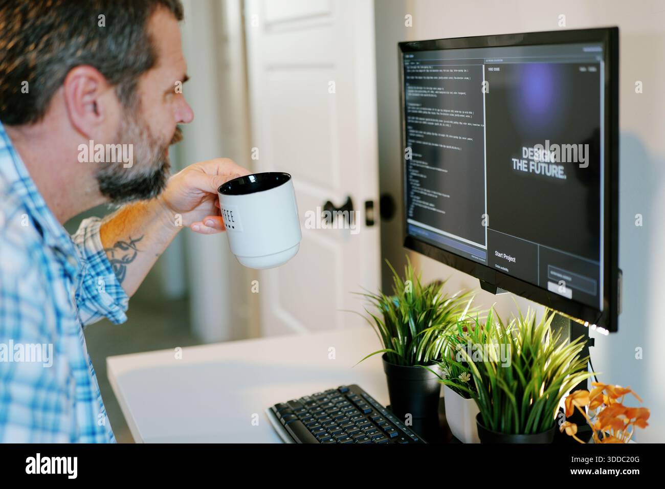 Middle Aged Software Engineer Vibe Codes Landing Page for Artificial Intelligence Based Integrated Development Environment Application Concept Stock Photo