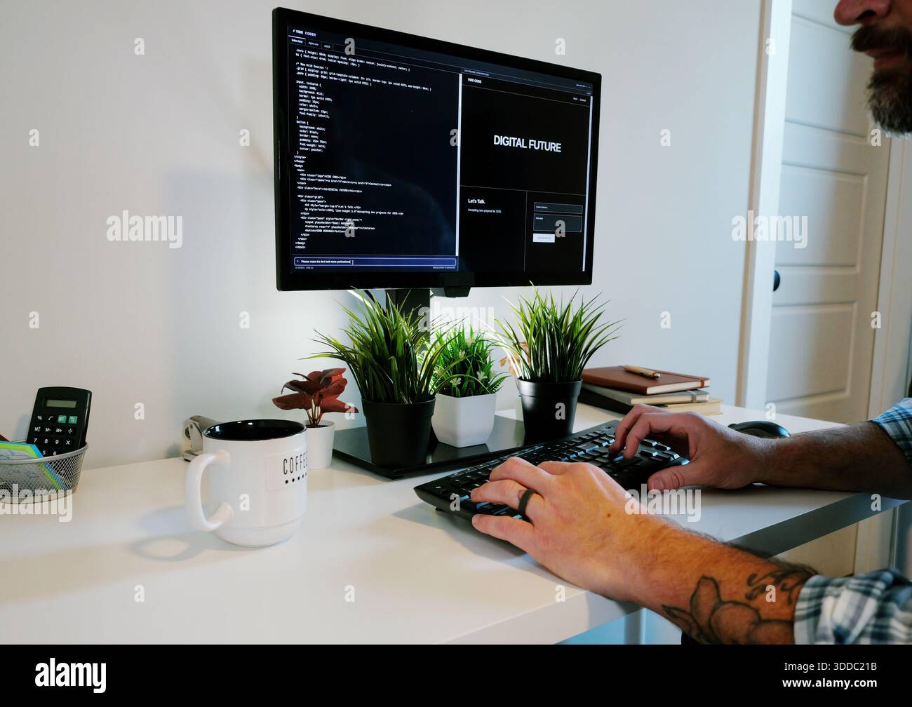 Middle Aged Software Engineer Vibe Codes Landing Page for Artificial Intelligence Based Integrated Development Environment Application Concept Stock Photo