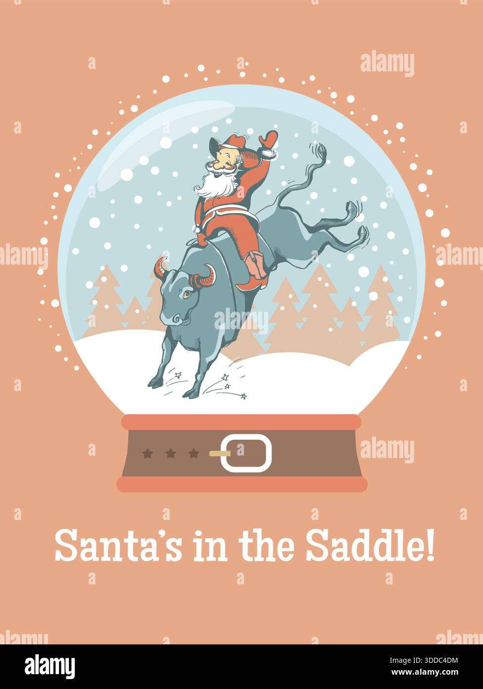 Santa Riding Bull Santa riding bull in snow globe western Christmas vector. Western ...