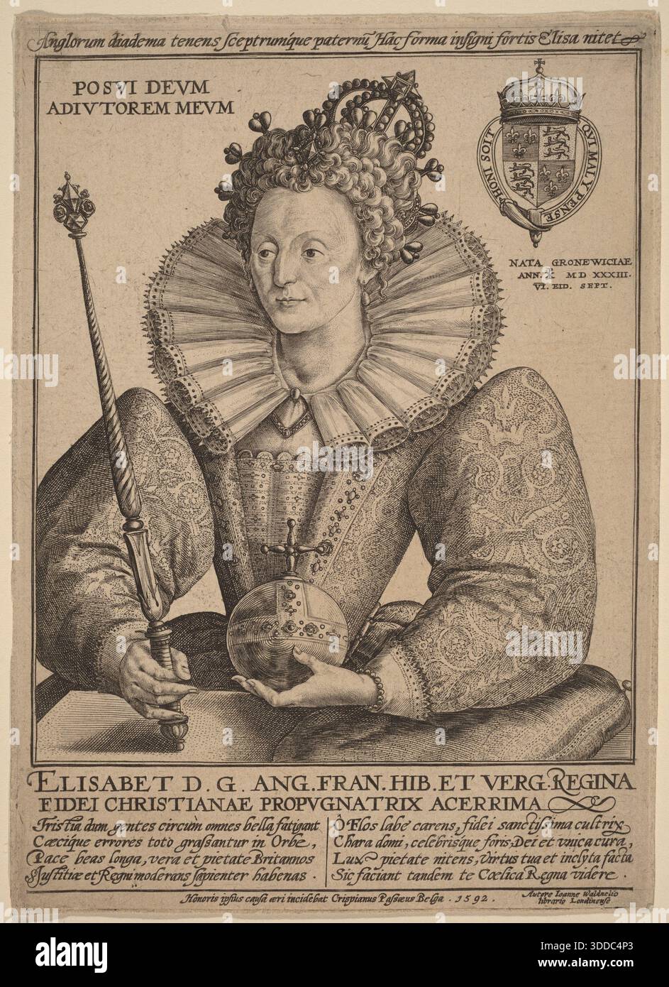 Historical engraved portrait of Elizabeth I, Queen of England, dated ...