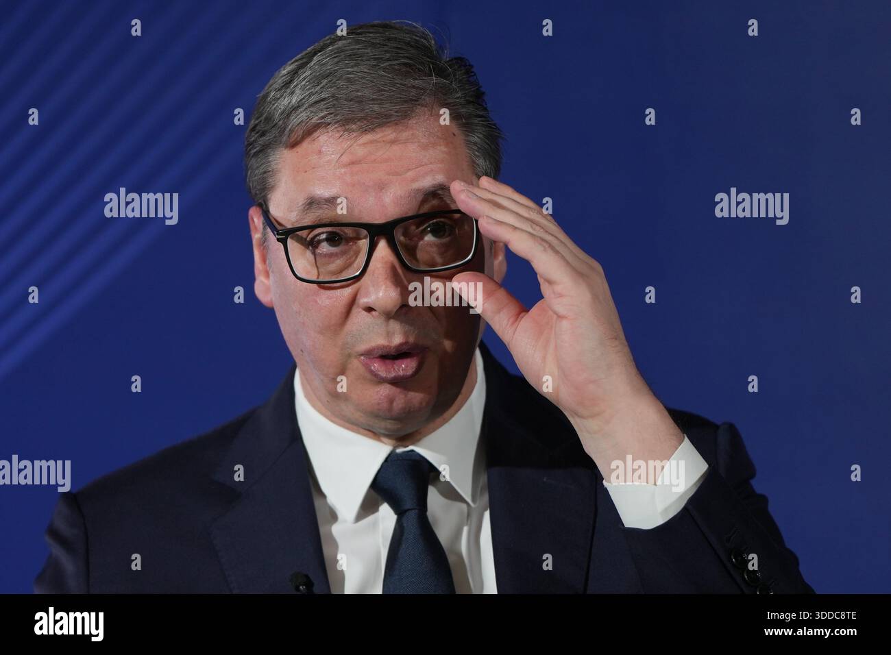 Serbian President Aleksandar Vucic speaks during a public address in ...