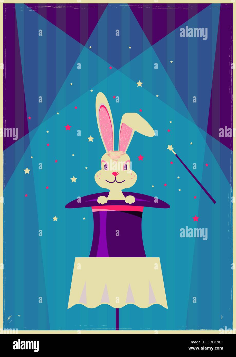 Rabbit in magical hat.Vector magic show background for text Stock Vector
