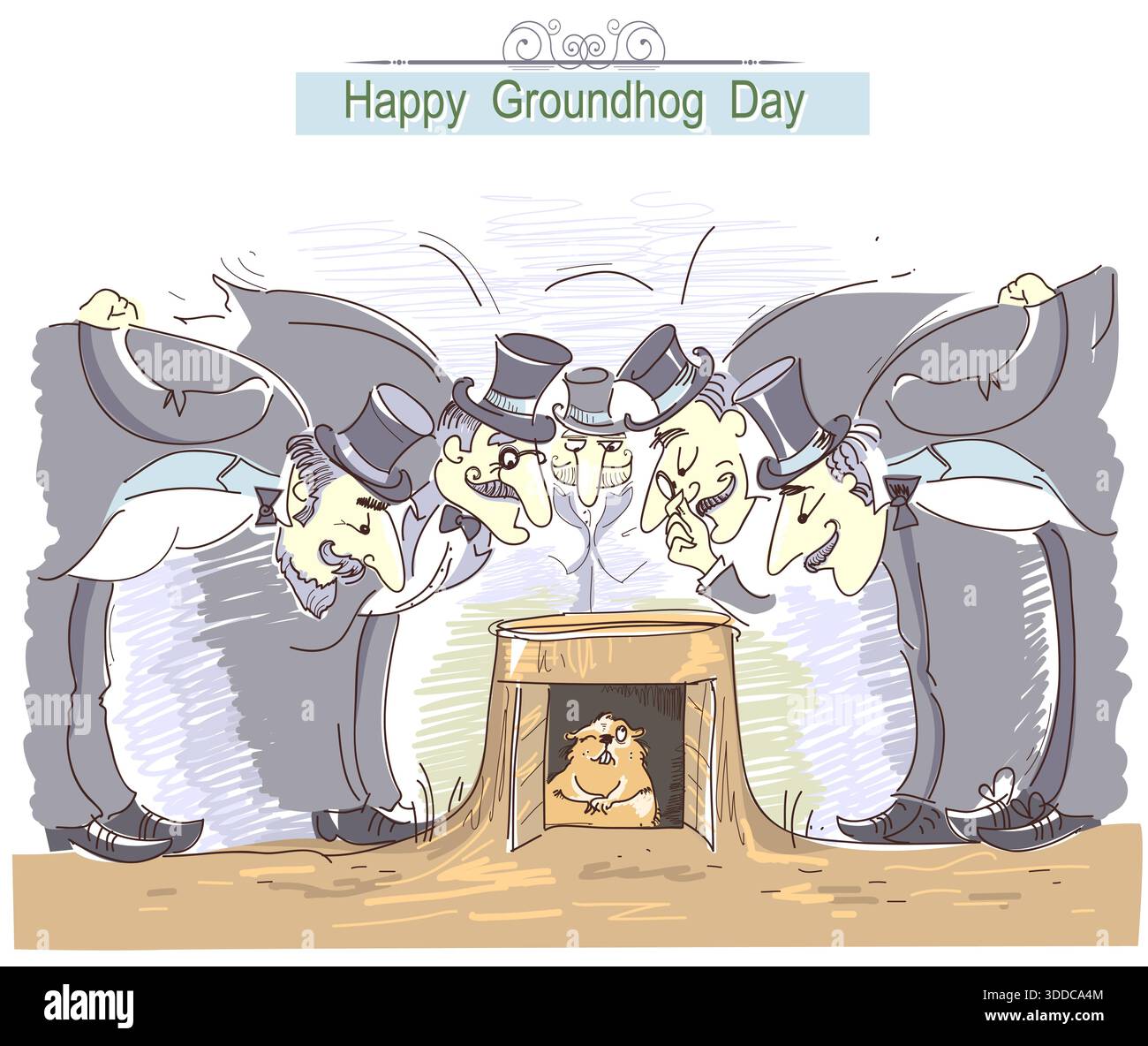Happy Groundhog day card with group of men in cylinder hats and marmot ...