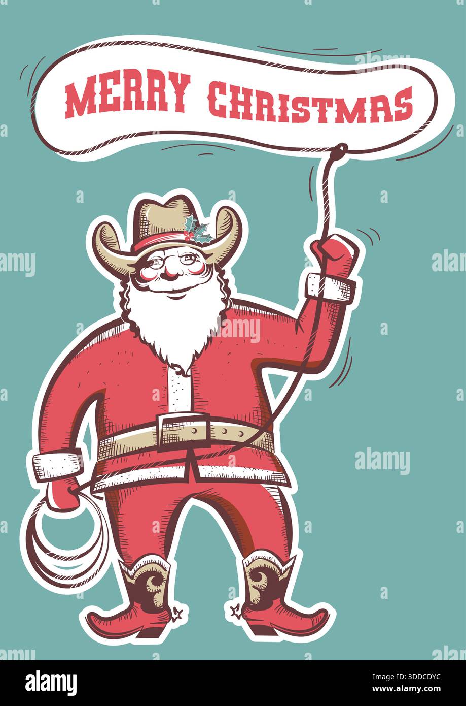Santa Rodeo Lasso Santa Claus in cowboy boots twirling a lasso with text merry christmas ...