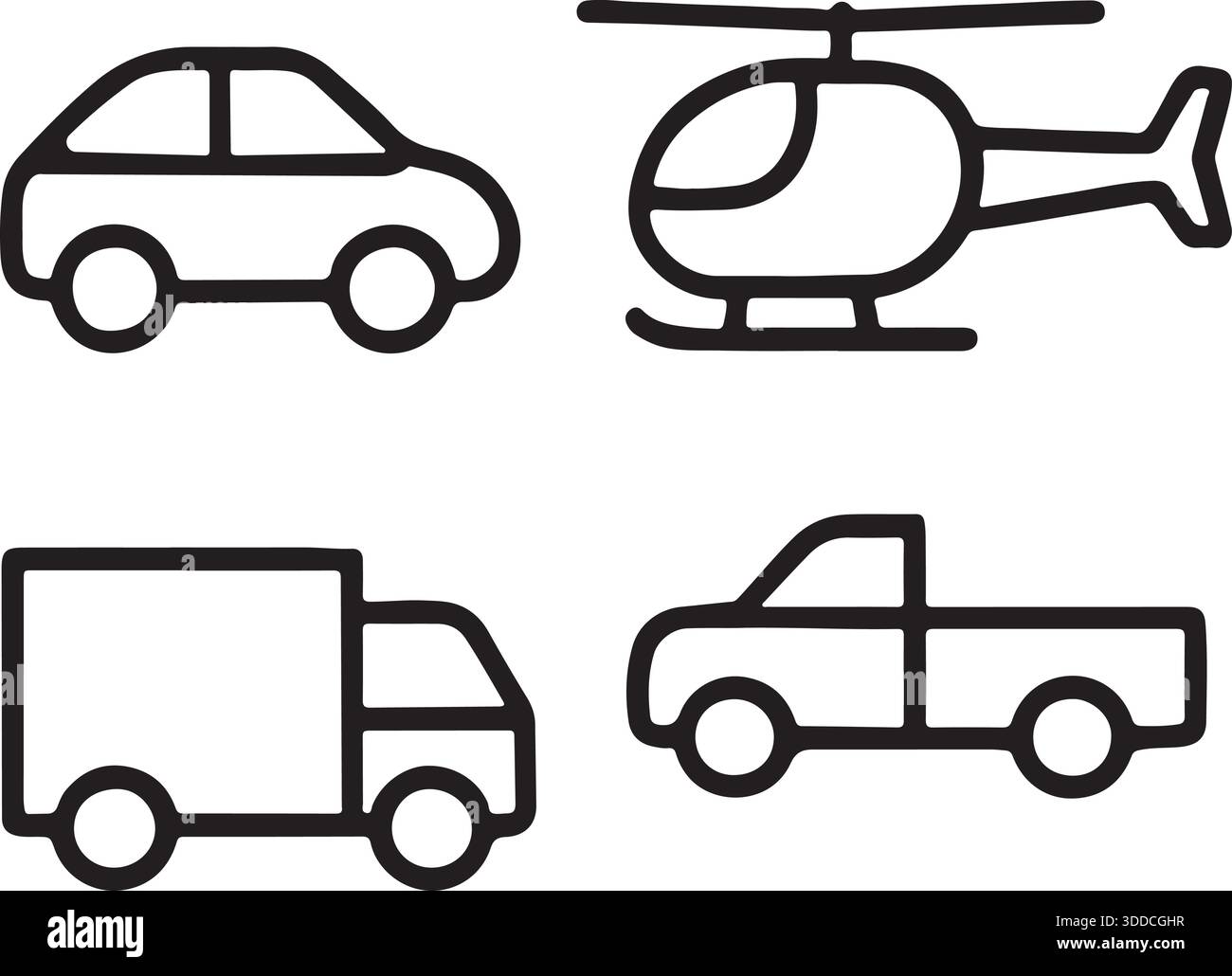 Simple Line Drawing Vehicle Set Car, Helicopter, Pickup Truck, and Box ...