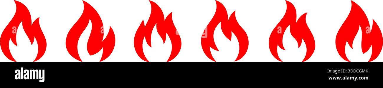 Set of 6 red fire icons isolated on white background. Vector burning ...